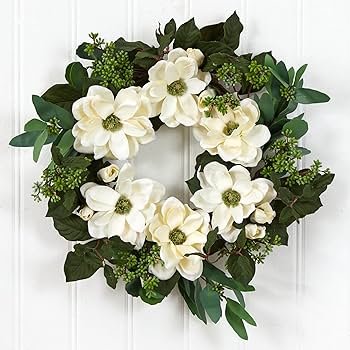 Amazon.com: Nearly Natural 23in. Magnolia, Eucalyptus and Berries  Artificial Wreath,White : Home & Kitchen